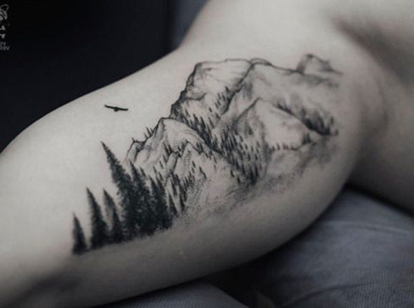 Beautiful Mountains With Trees Tattoo On Bicep For Men