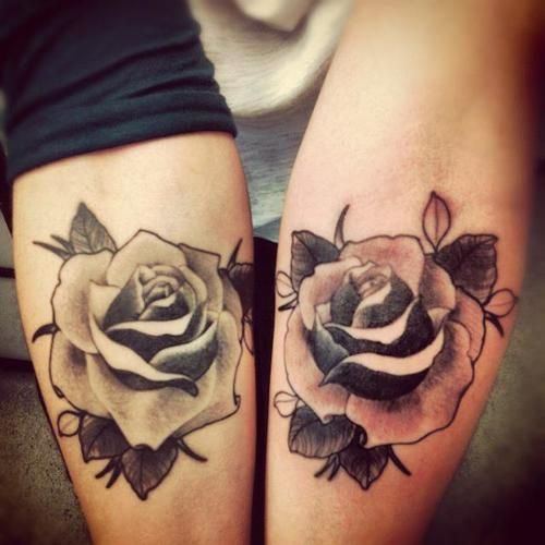 Beautiful Rose Matching Tattoos On Forearms