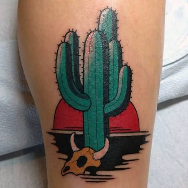 Beautiful Saguaro Cactus With Cow Skull Traditional Tattoo