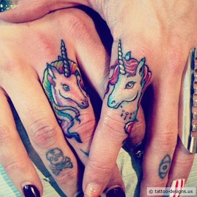 Beautiful Unicorn Head Matching Tattoos On Fingers
