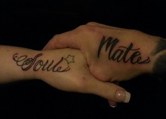Beautifuly Written Soul And Mate Matching Couple Tattoos On Hands