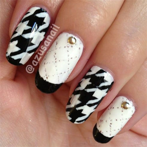 Best Glossy Black And White Houndstooth Nail Art With Gold Caviar Beads Design