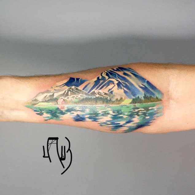 Best Realistic Mountains With Water Tattoo On Forearm