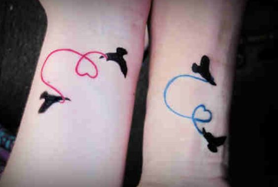 Birds Silhouette With Heart Thread Matching Couple Tattoo On Wrists