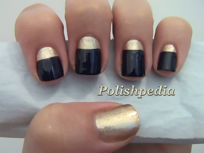 Black And Gold Reverse French Tip Nail Art