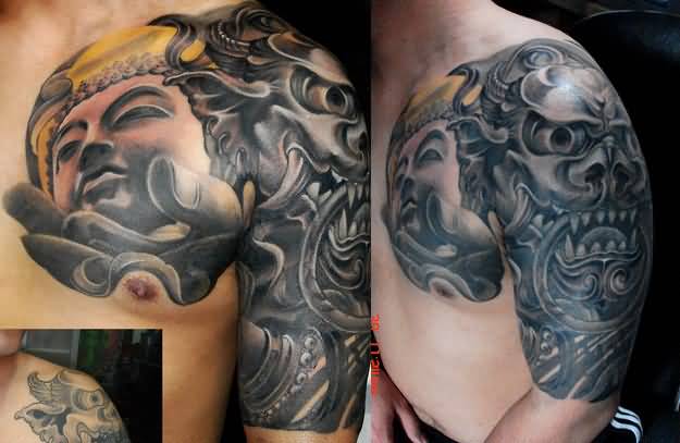 Black And Grey 3D Foo Dog With Buddha Tattoo On Left Shoulder