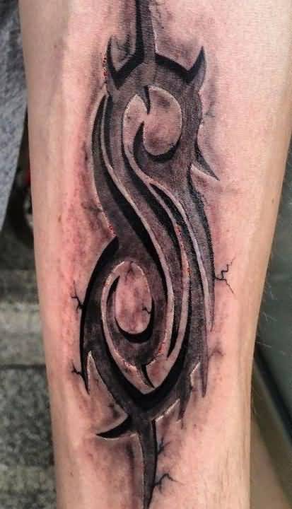 Black And Grey 3D Slipknot Logo Tattoo On Forearm