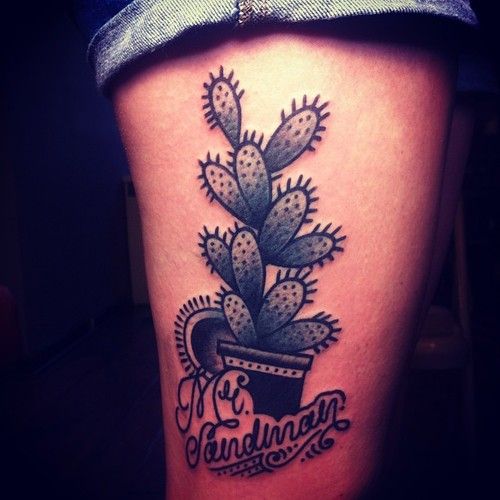 Black And Grey Cactus In Pot And Name Traditional Tattoo