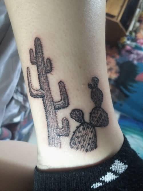 Black And Grey Color Cactus Plants Tattoo On Ankle