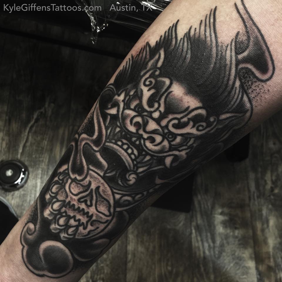 Black And Grey Color Foo Dog Tattoo By Kyle Giffen