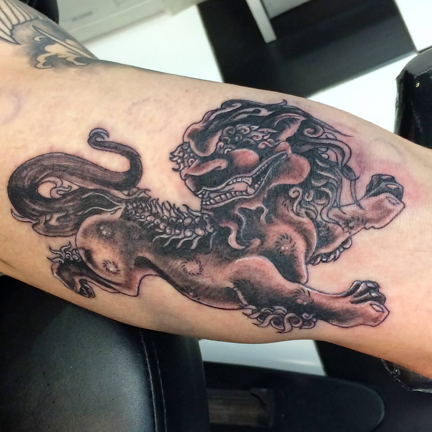 Black And Grey Color Foo Dog Tattoo By Laint