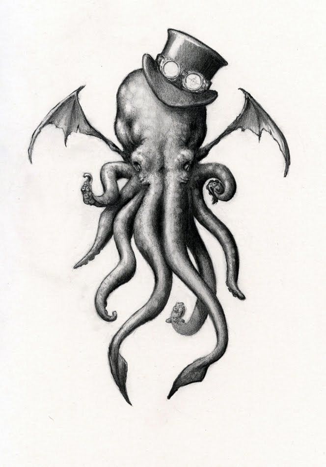 Black And Grey Cthulhu With Hat Tattoo Design