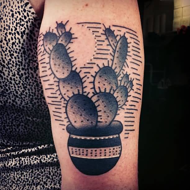 Black And Grey Dotwork Cactus In Pot Traditional Tattoo On Half Sleeve