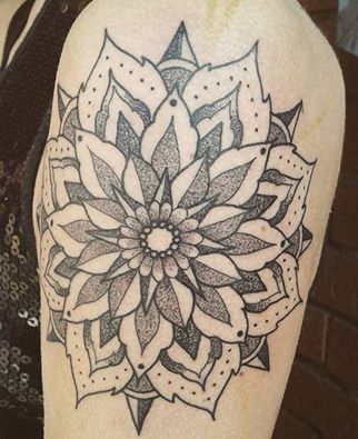 Black And Grey Dotwork Mandala Tattoo On Left Half Sleeve by Kyle Kemp