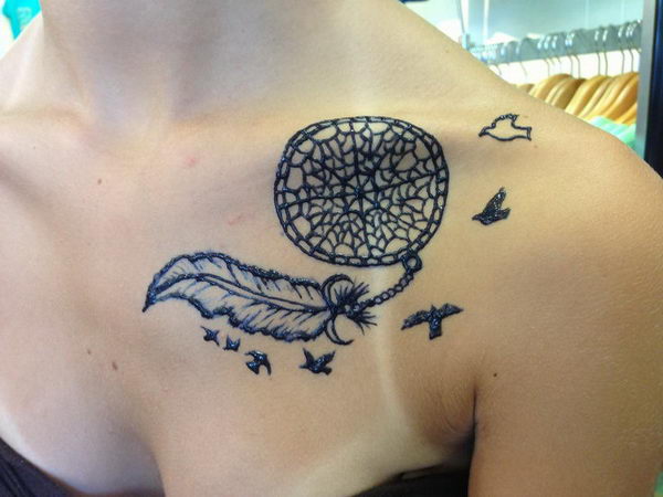 Black And Grey Dreamcatcher Clavicle Tattoo
