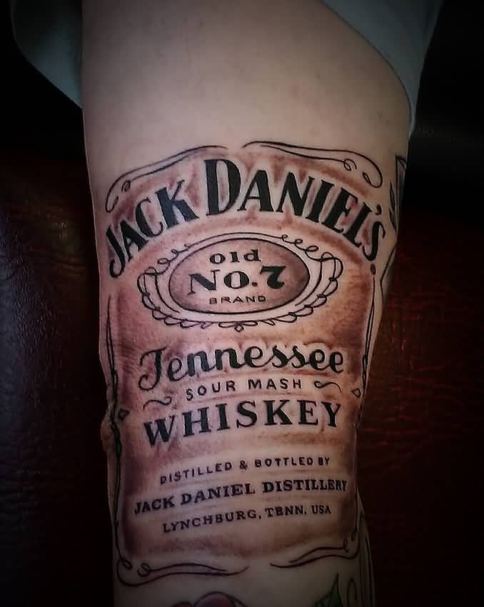 Black And Grey Jack Daniel Bottle Label Tattoo