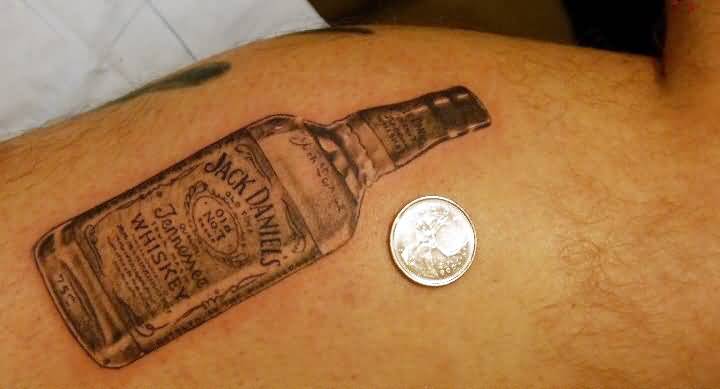 Black And Grey Jack Daniel Bottle Tattoo