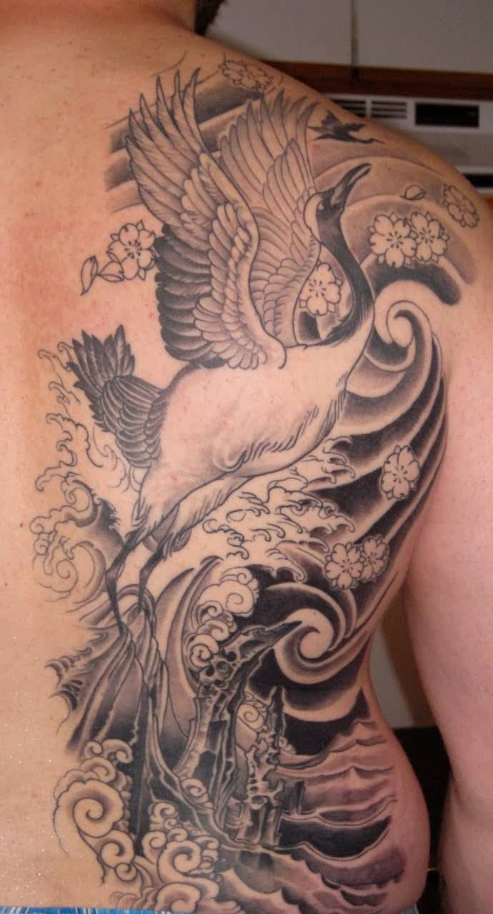 Black And Grey Japanese Crane Tattoo On Right Back Shoulder
