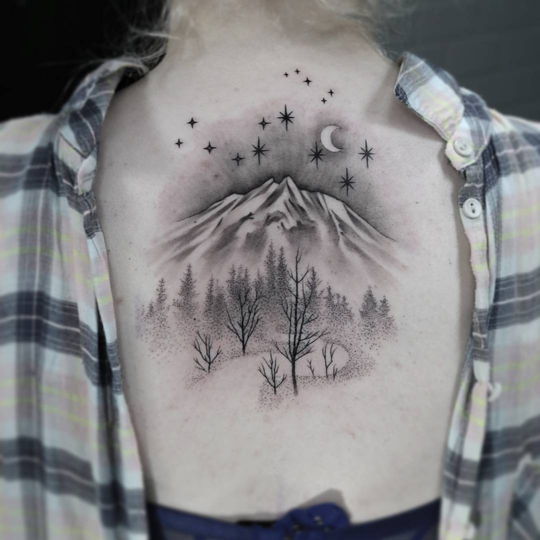Black And Grey Landscape Mountains With Trees Night View Tattoo On Chest