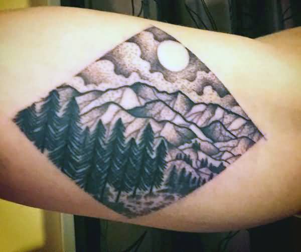 Black And Grey Mountains And Pine Trees Tattoo