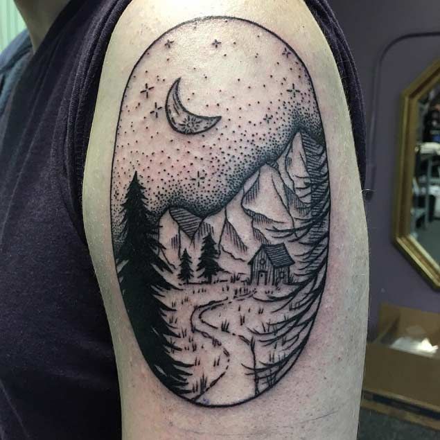 Black And Grey  Mountains With Trees In Circle Dotwork Tattoo On Left Shoulder