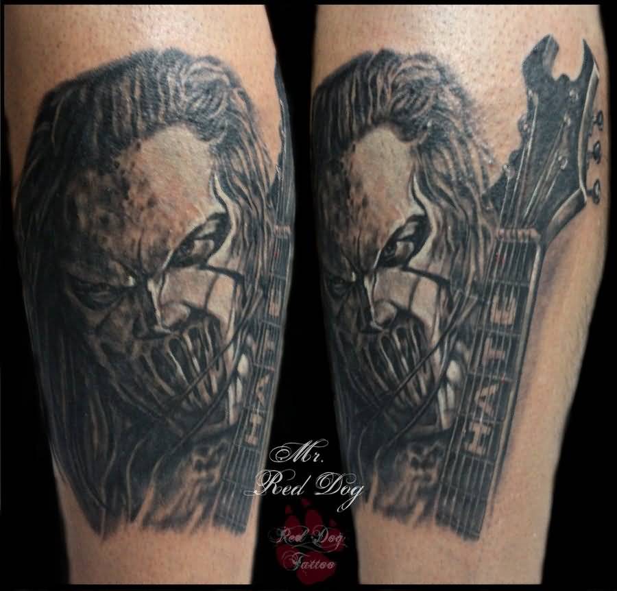 Black And Grey Realistic Slipknot Member Portrait Tattoo