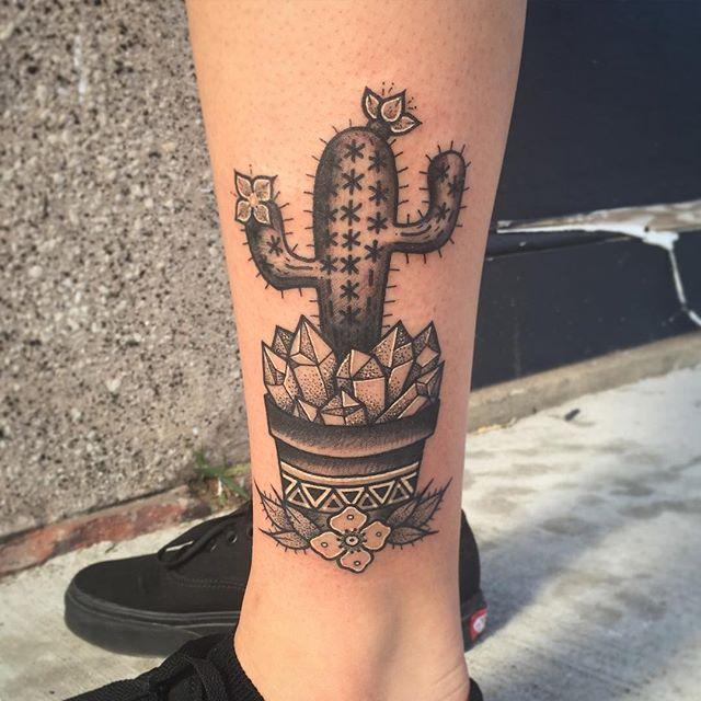Black And Grey Saguaro Cactus With Crystals In Pot Traditional Tattoo On Leg