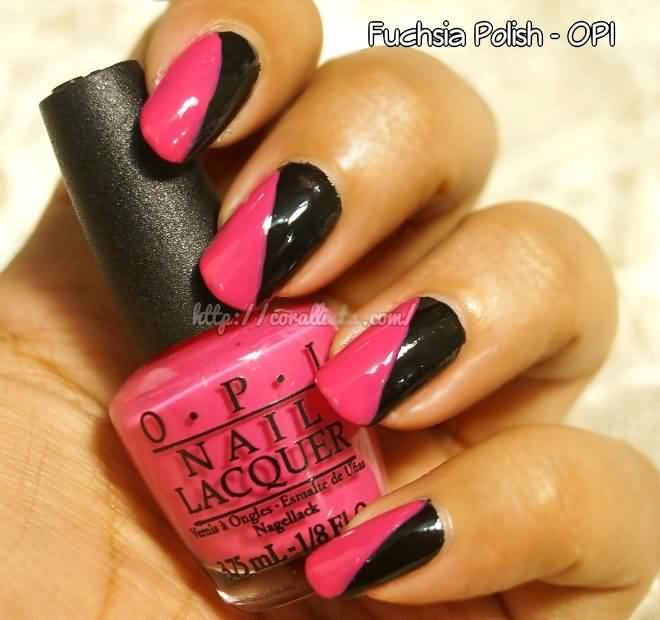 Black And Pink Diagonal Glossy Nail Art