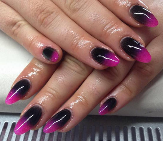 Black And Pink Glossy Ombre Nail Art Design Idea