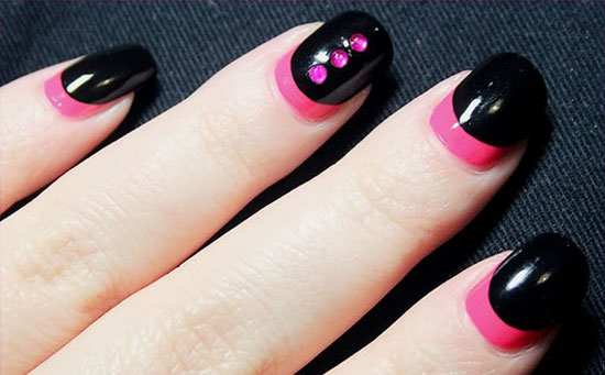 Black And Pink Nail Art With Rhinestones Design