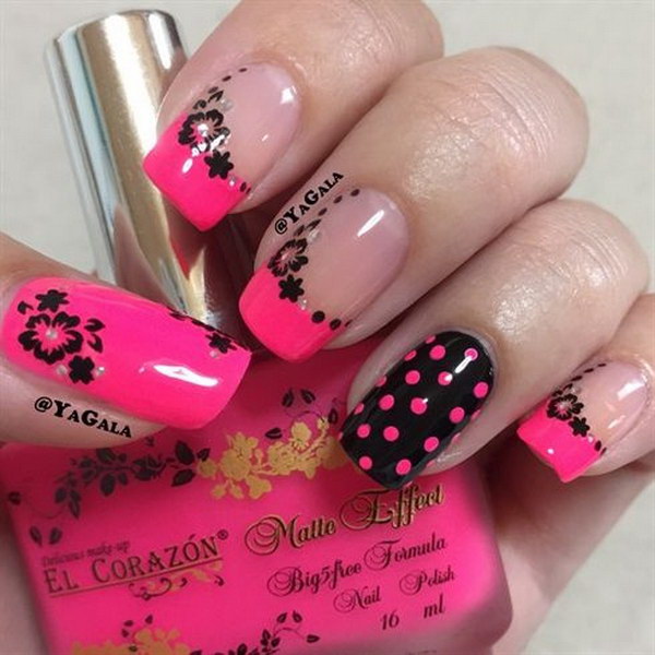 Black And Pink Polka Dots Nail Art Design Idea