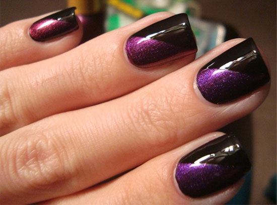 Black And Purple Glossy Diagonal Design Nail Art