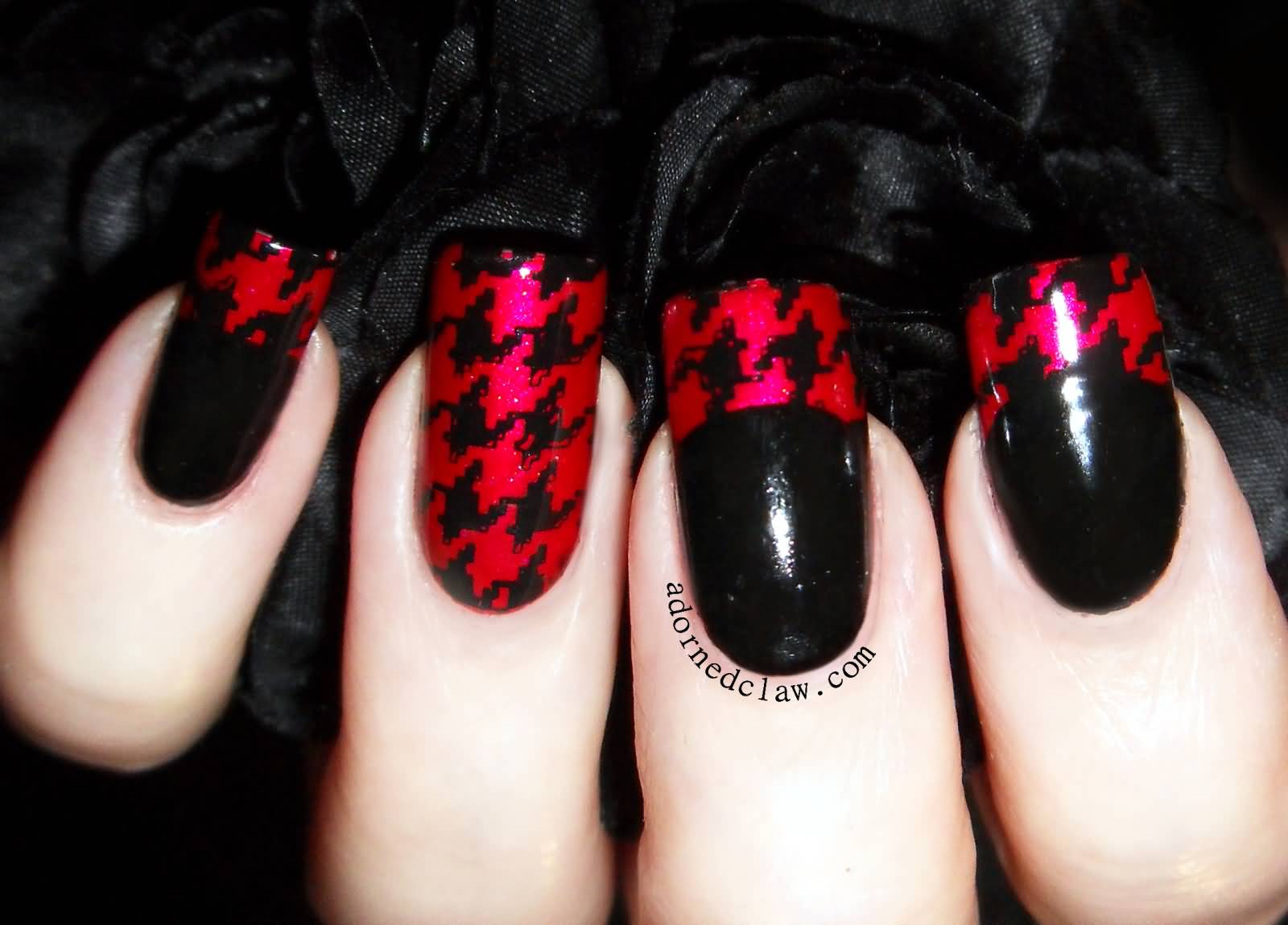 Black And Red Houndstooth Design Nail Art