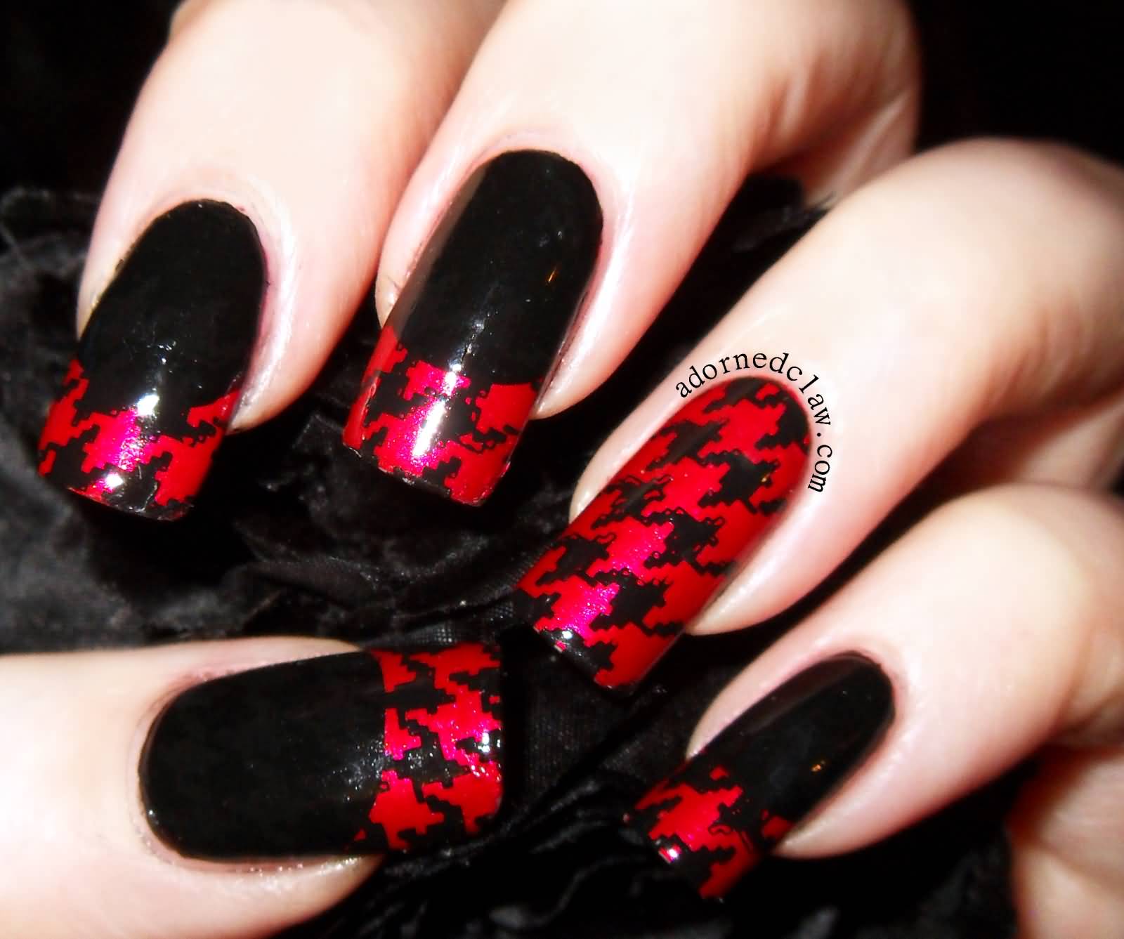 Black And Red Houndstooth Nail Art Design