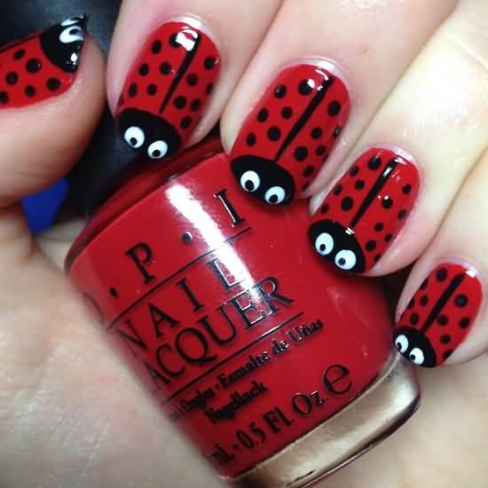 Black And Red Ladybug Design Nail Art