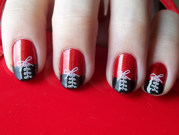 Black And Red With White Shoelace Nail Art Design