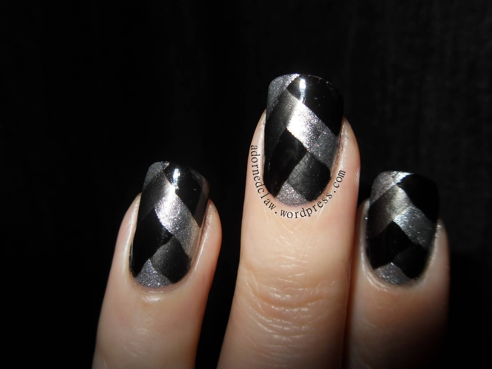 Black And Silver Braided Nail Art
