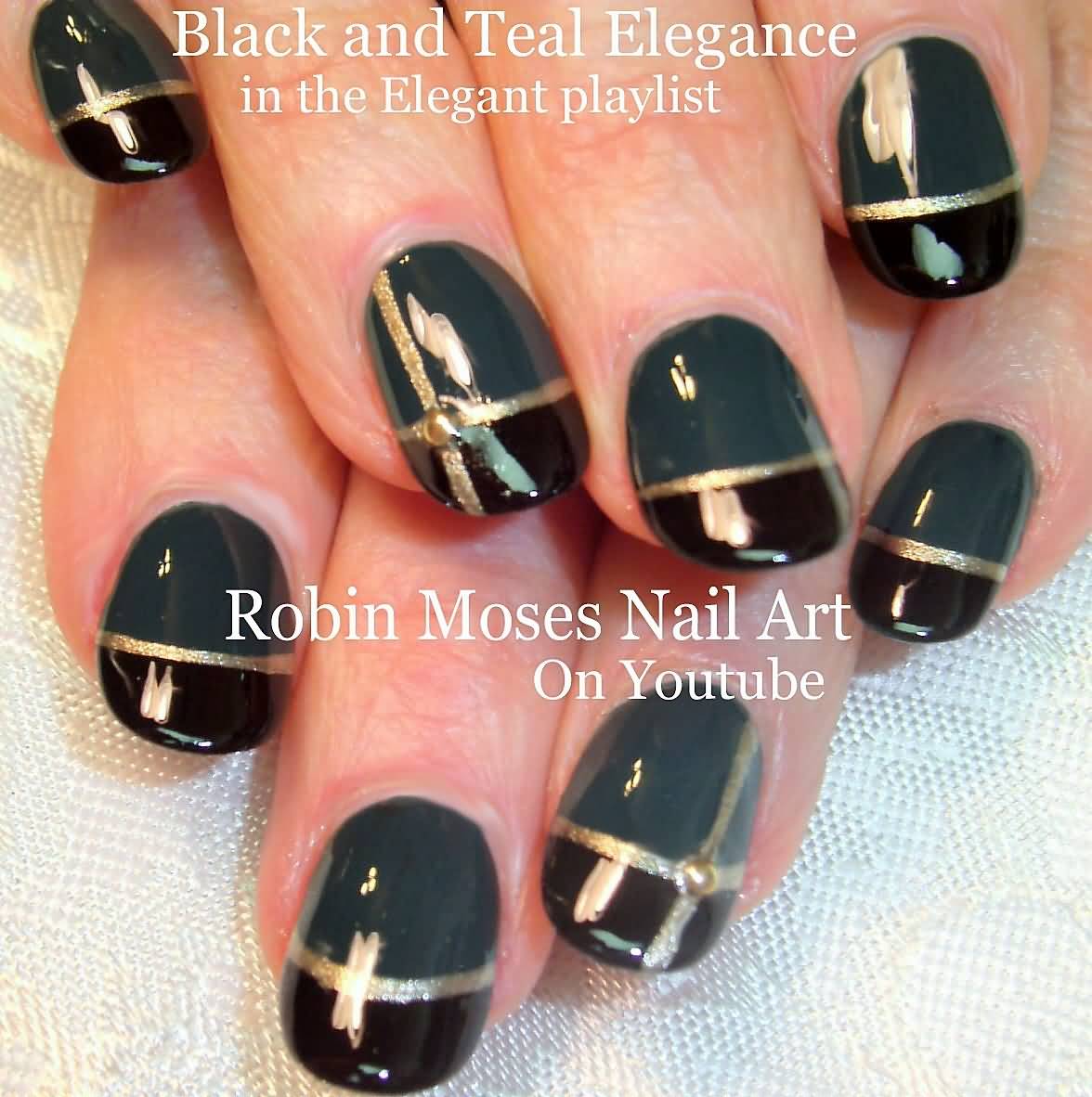 Black And Teal Elegance Nail Art Design