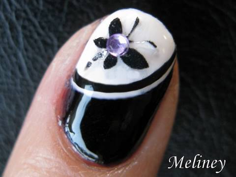 Black And White Butterfly With Rhinestones Nail Art