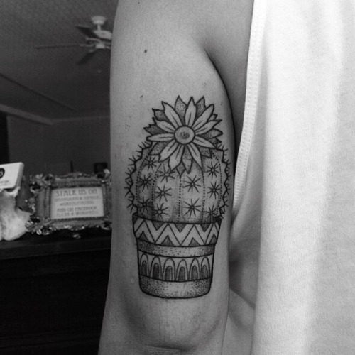 Black And White Cactus In Pot Tattoo On Half Sleeve By Ankalavrivtattoo
