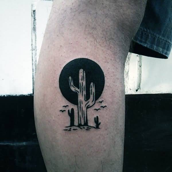 Black And White Cactus Plants With Sun Tattoo On Leg