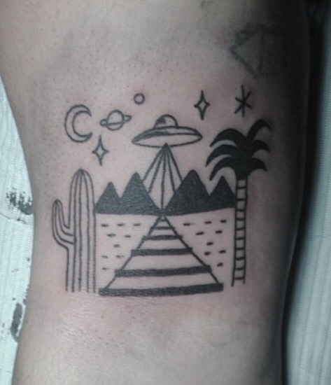 Black And White Cactus With Desert And Alien Space Ship Tattoo