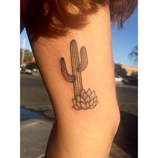 Black And White Cactus With Leaves Traditional Tattoo