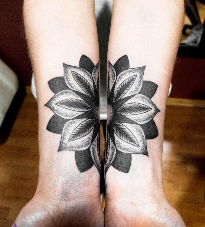 Black And White Color Mandala Flower Matching Tattoos On Forearm