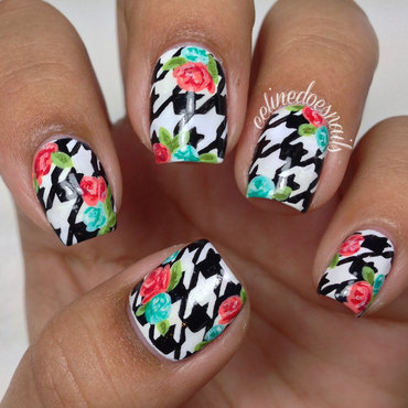 Black And White Houndstooth Nail Art With Flowers Design