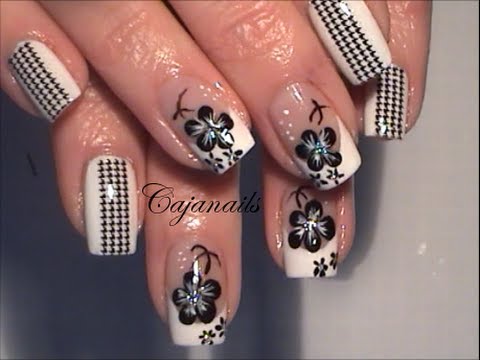 Black And White Houndstooth Nail Art With Flowers