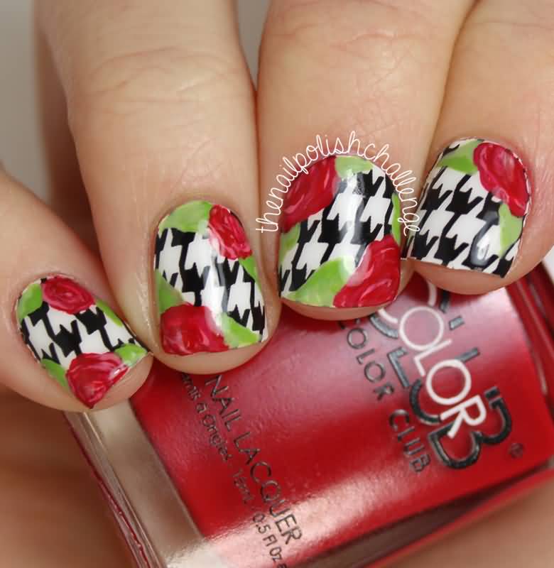 Black And White Houndstooth Nail Art With Red Flowers