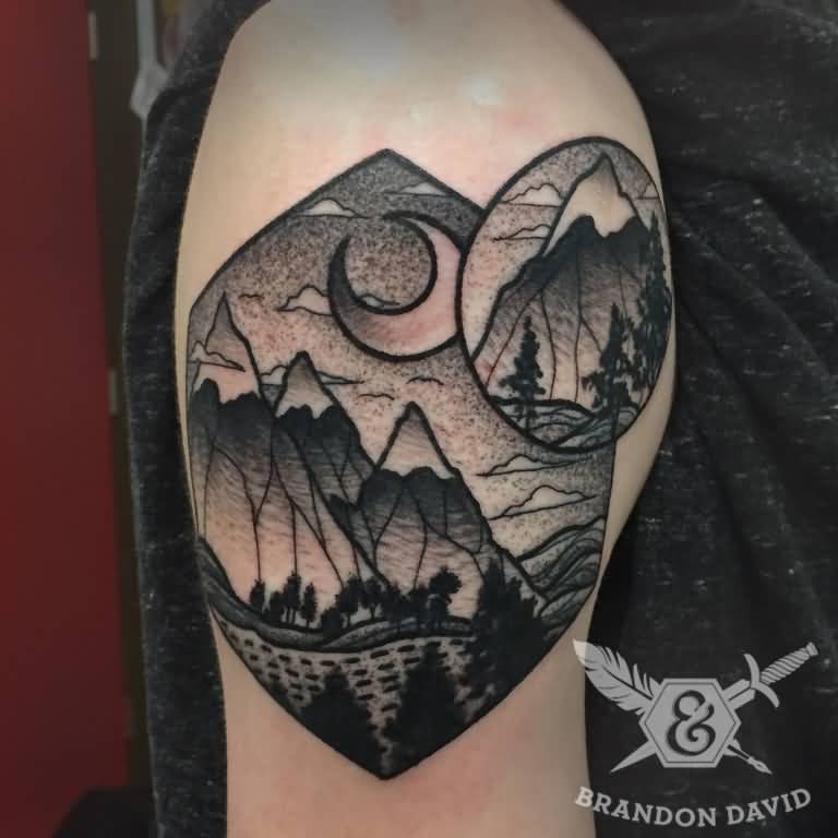 Black And White Landscape Mountains Tattoo On Left Half Sleeve