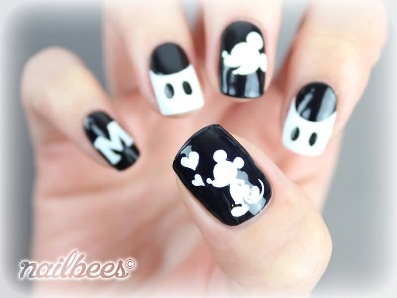 Black And White Mickey Mouse Nail Art Design