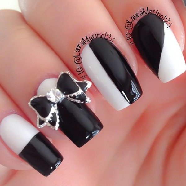 Black And White Nails With Accent 3d Bow Nail Art